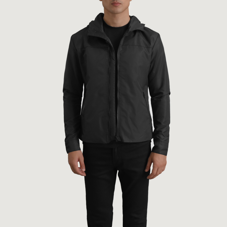 Mens Wesley Black Hooded Windbreaker Jacket Open Front-4-1698748851548